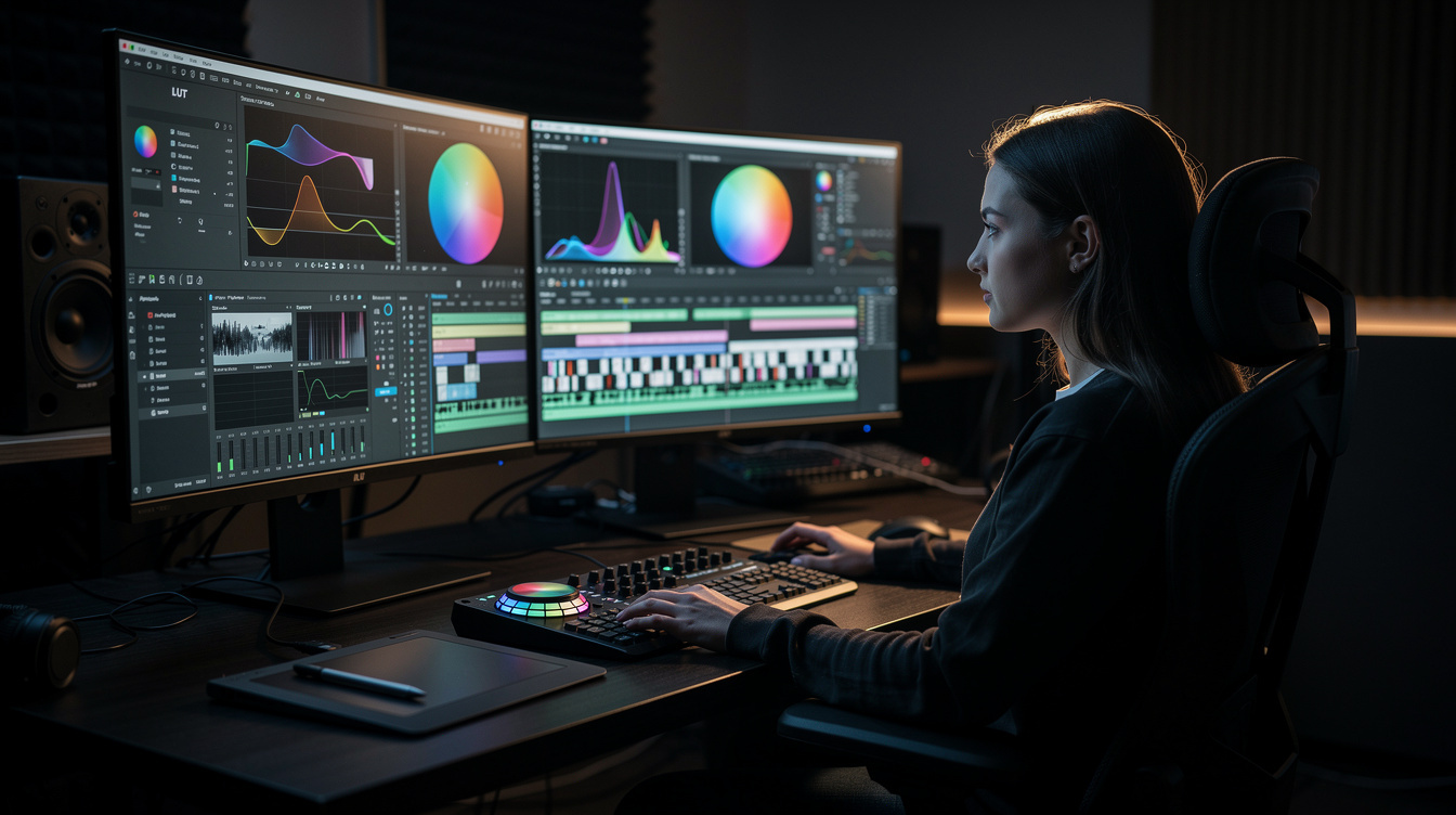 Video editor working at a color grading workstation with dual monitors