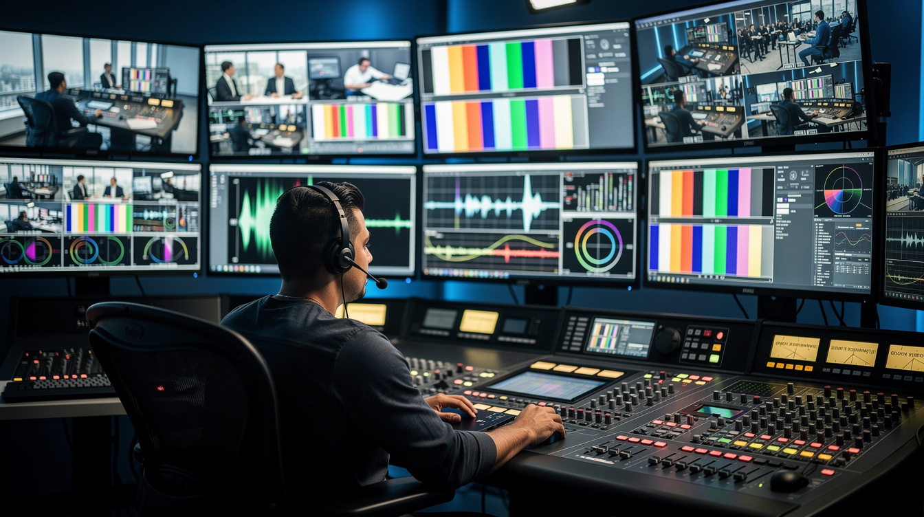 Broadcast control room with multiple monitors showing live video feeds