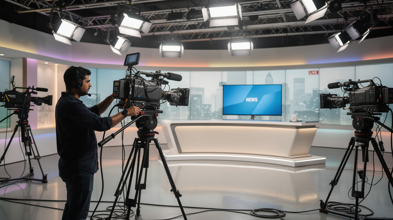 Television studio with multiple cameras and lighting rigs set up for a live broadcast
