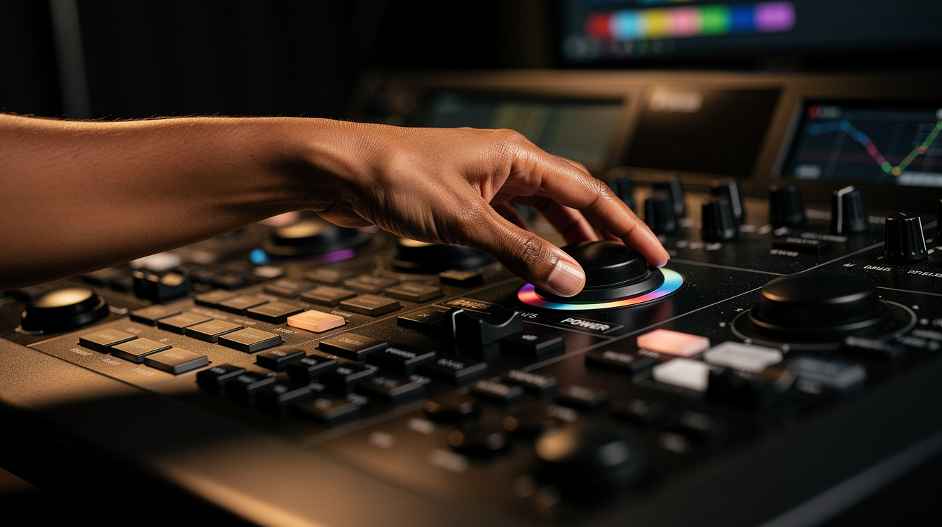 Close up of hands adjusting a color grading control panel