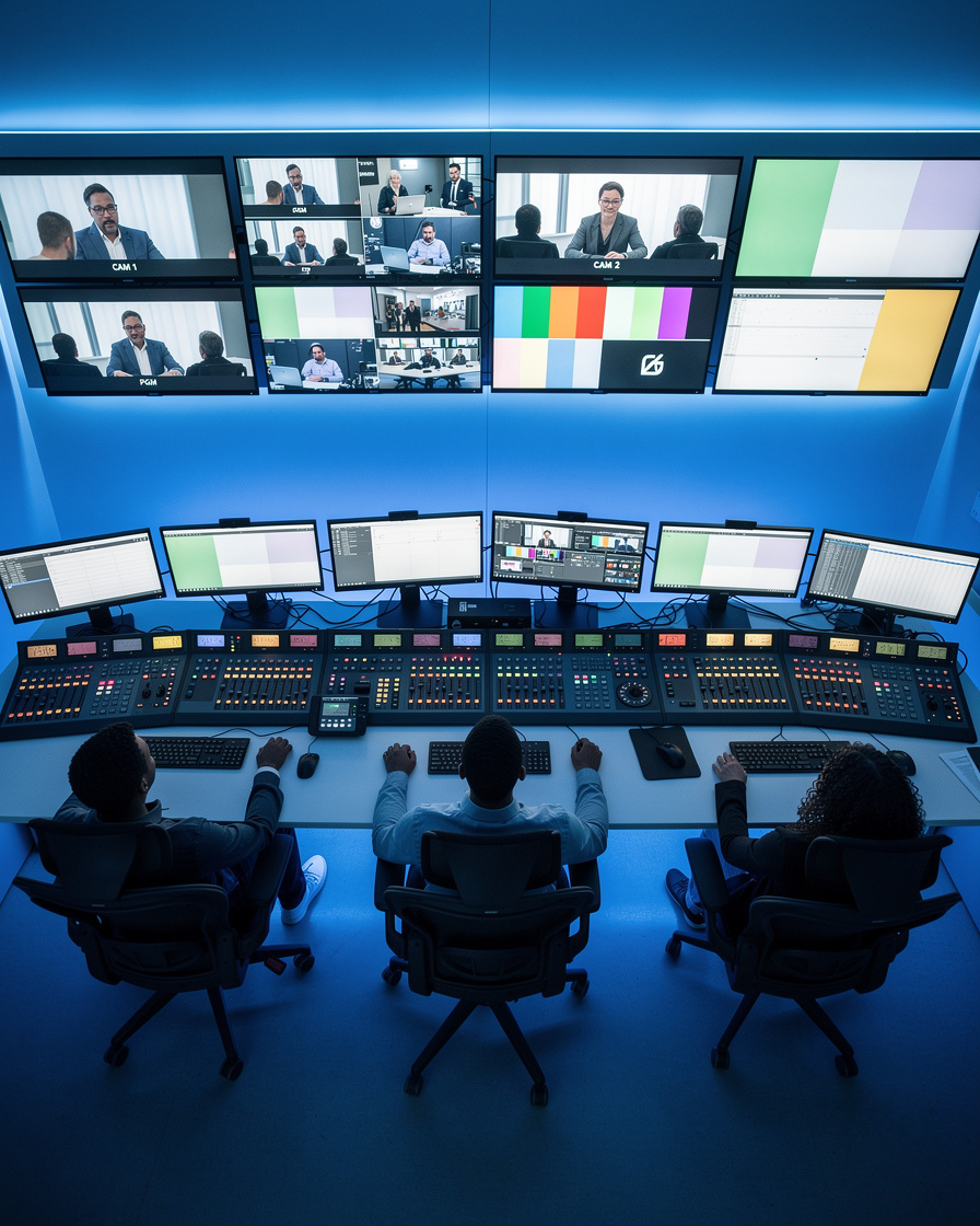 Overhead view of a broadcast production gallery with staff monitoring screens