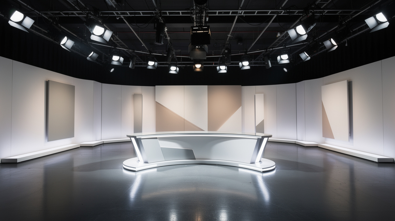 Wide interior view of an empty modern television studio with exposed lighting grid