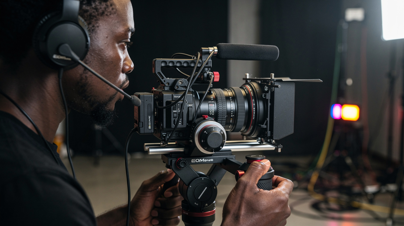 Cinema camera mounted on a gimbal stabilizer in a film studio