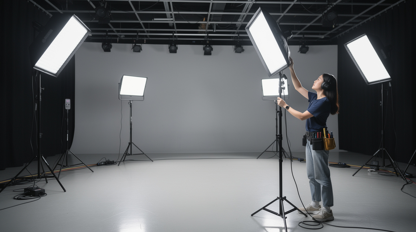 Softbox lighting equipment arranged around a studio set