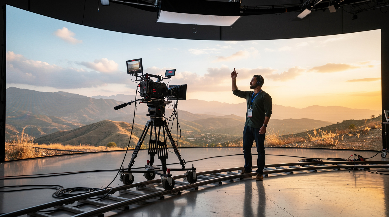 Large LED video wall used as a virtual production backdrop
